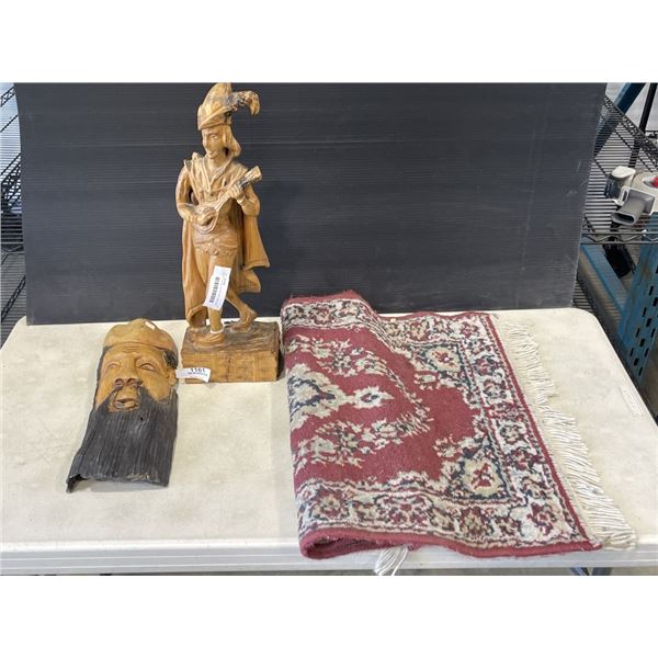 CARVED WOOD JESTER AND  MASK WITH CARPET RUNNER
