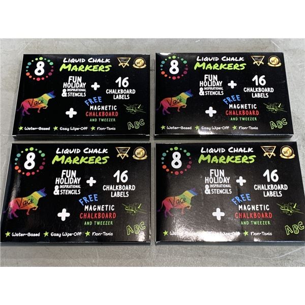 4 NEW LIQUID CHALK MARKER KITS WITH STENCILS, MAGNETIC CHALKBOARD AND LABELS, WATER BASED, NON TOXIC