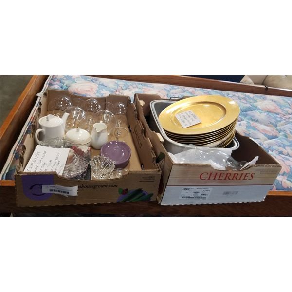 2 TRAYS OF CHARGER PLATES, ROASTING PAN, WINE GLASSES AND MORE