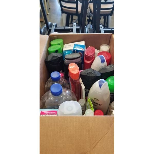 BOX OF SHAMPOO, HAND CREAMS, BODY WASH, SHAVING CREAM AND MORE