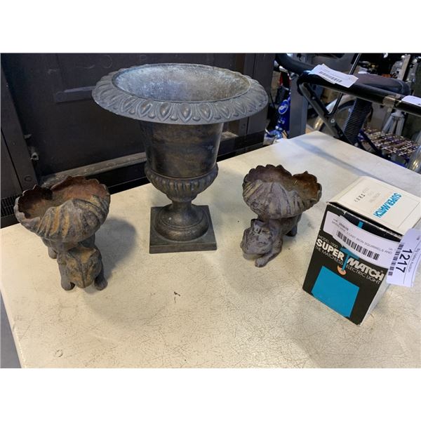 BRASS VASE, 2 CAST IRON SQUIRRELS AND SUPER MATCH LIGHT