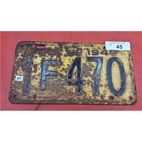 Vintage 1940 Ontario license plate