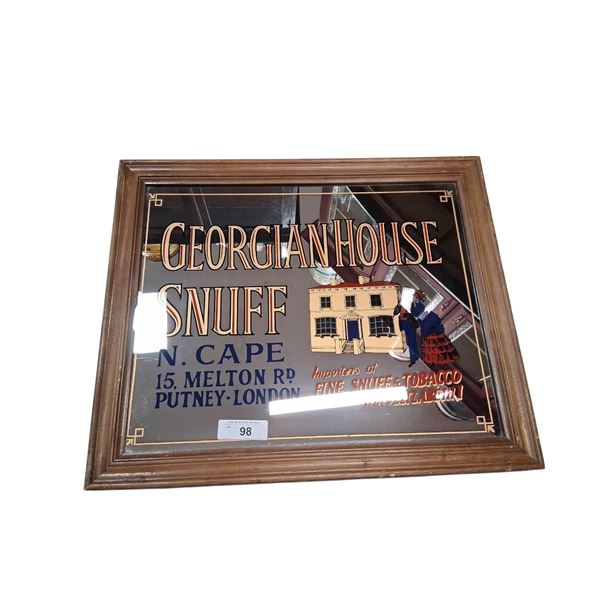Vintage framed bar mirror, Georgian House Snuff 24"x20"
