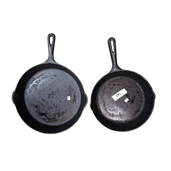 2 Vintage cast iron frying pans 12" and 10"