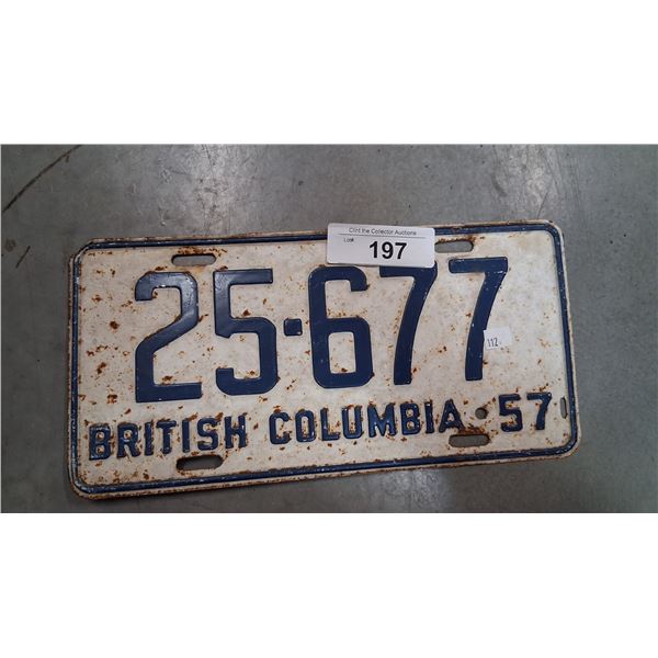 Vintage 1957 BC license plate