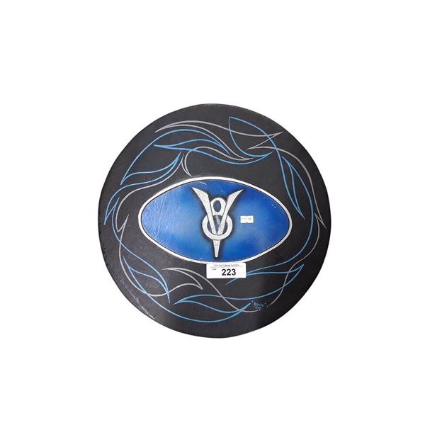 Custom hand painted on leather Ford V8 pinstripe sign 15" diameter