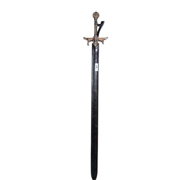 Vintage broadsword with leather sheath, 51", has small piece broken on hand guard