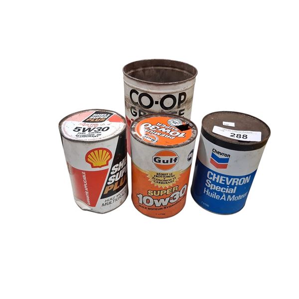 4 vintage oil cans, CO-OP, Chevron, Shell, Gulf