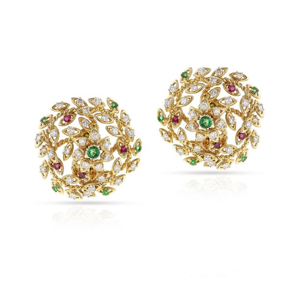 Natural Emerald Ruby Diamond 3.57 Cts Gold Earrings