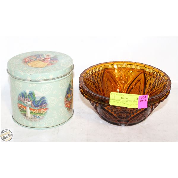 2 X AMBER GLASS BOWLS + COLLECTIBLE TIN