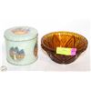 Image 1 : 2 X AMBER GLASS BOWLS + COLLECTIBLE TIN
