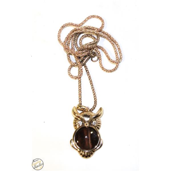 GOLD TONE OWL WITH BROWN STONE PENDANT NECKLACE