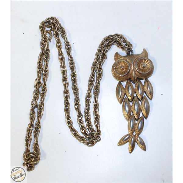 GOLD TONE OWL IN FISH SHAPE PENDANT NECKLACE