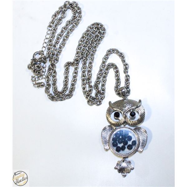SILVER TONE OWL WITH BLACK STONES PENDANT