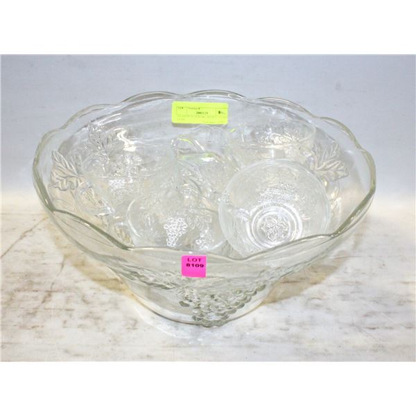GLASS PUNCH BOWL WITH 12 GLASS CUPS
