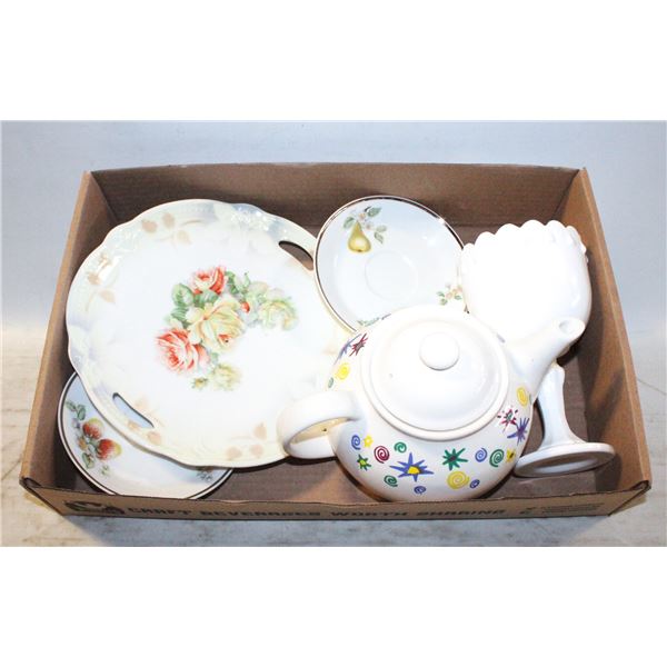 LIDDED TEAPOT, MILK GLASS GOBLET, 2