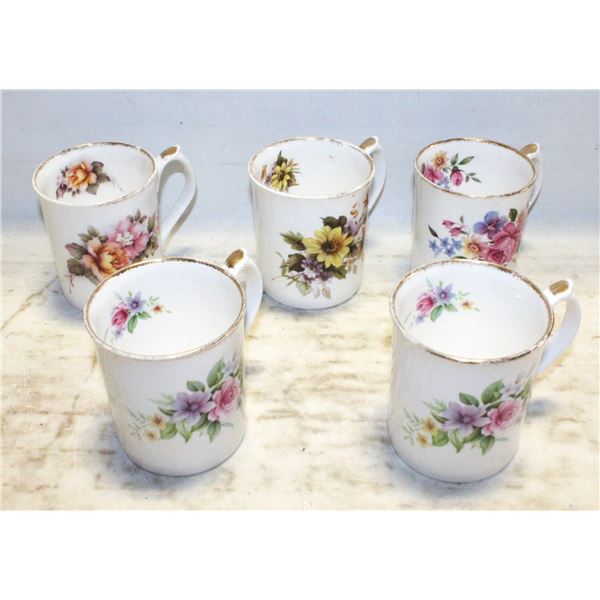 FIVE ELIZABETHAN FINE BONE CHINA CUPS