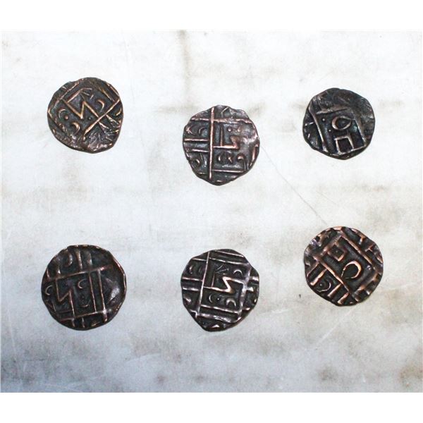 1835-1910 ANTIQUE LOT OF 6 BHUTAN 1/2 RUPEE COINS