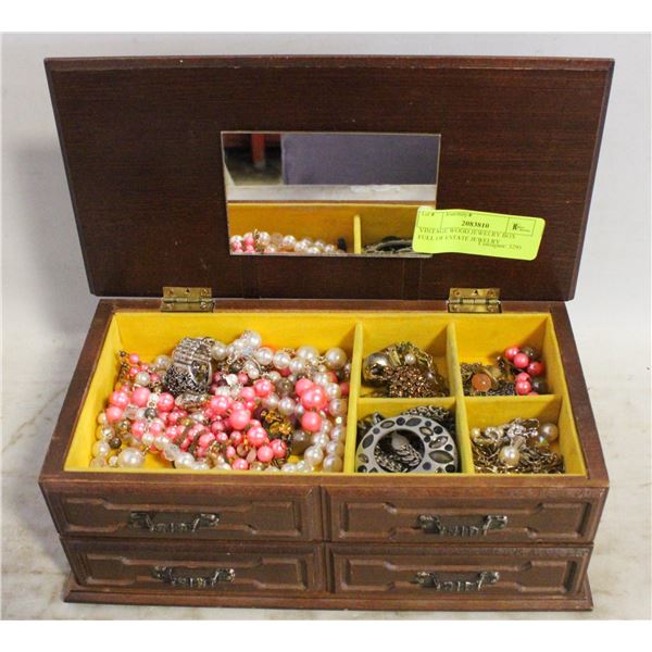 VINTAGE WOOD JEWELRY BOX FULL OF ESTATE JEWELRY