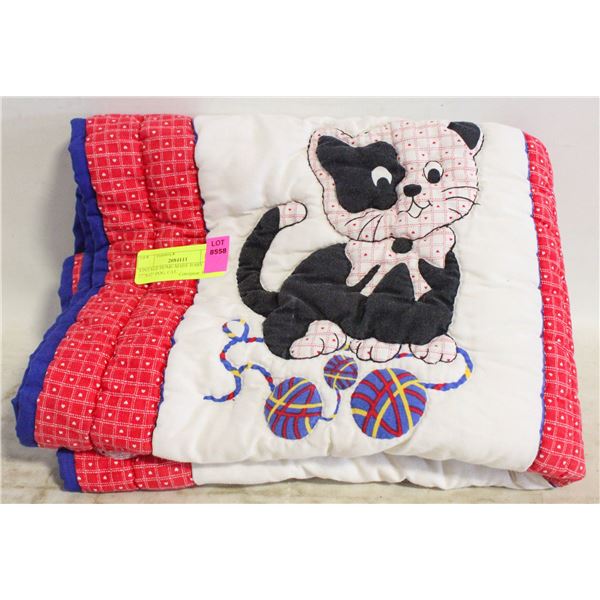 VINTAGE HOME-MADE BABY QUILT 27"X42" DOG, CAT,