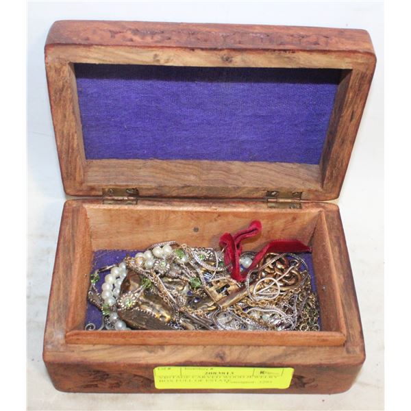 VINTAGE CARVED WOOD JEWELRY BOX FULL OF ESTATE