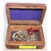 Image 1 : VINTAGE CARVED WOOD JEWELRY BOX FULL OF ESTATE