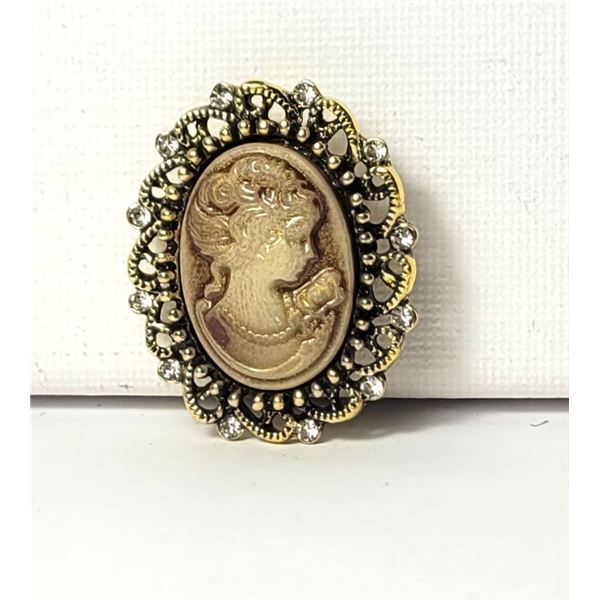 2)  ANTIQUED BRONZE OVAL CAMEO BROOCH