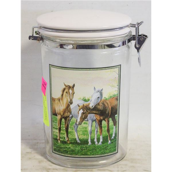 HORSE DECORATED CLAMP LID STORAGE JAR