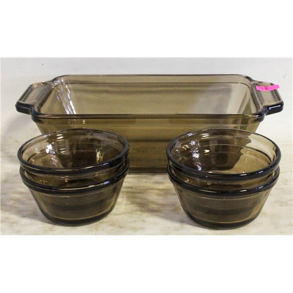 ANCHOR OVENWARE - LOAF PAN & 4 CUSTARD CUPS BROWN