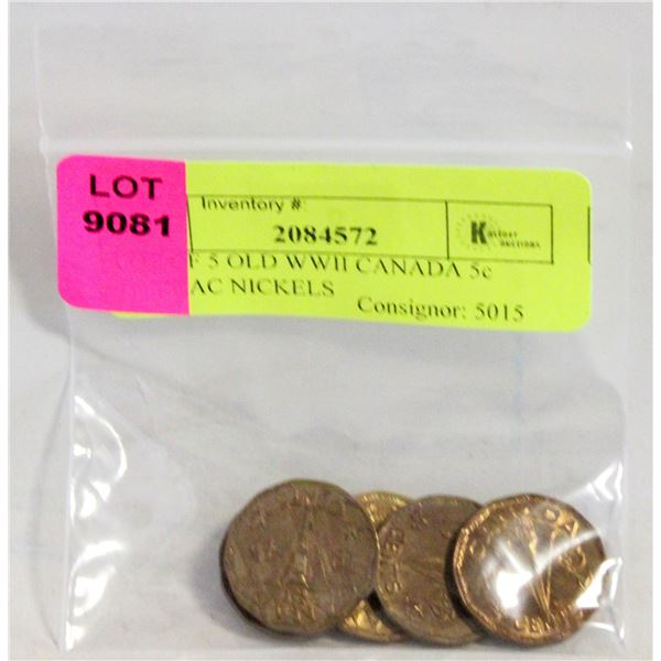 LOT OF 5 OLD WWII CANADA 5c TOMBAC NICKELS