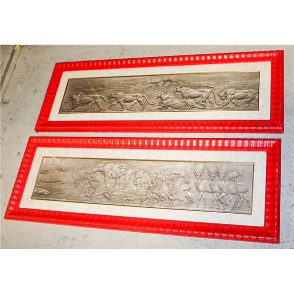 2 RED FRAMED SAFARI STYLE GLASS ENCASED PICTURES