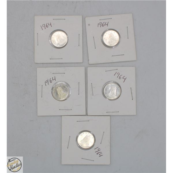 FIVE UNCIRCULATED SILVER 1964 DIMES