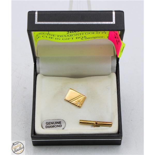 GENUINE DIAMOND GOLD PLATED TIE CLIP IN GIFT BOX