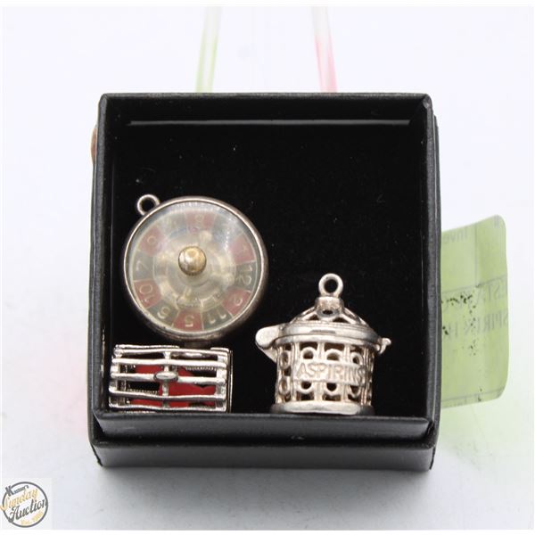 3 ESTATE CHARMS (1 ANTIQUE ASPIRIN HOLDER