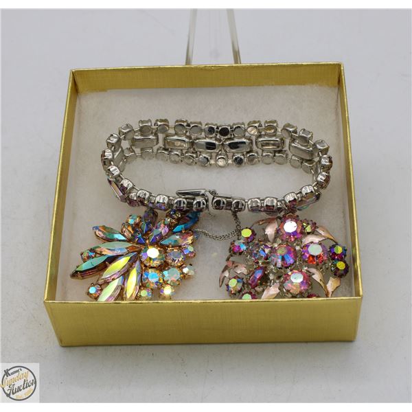 UNSTAMPED VINTAGE PAIR OF BROOCHES+BRACELET
