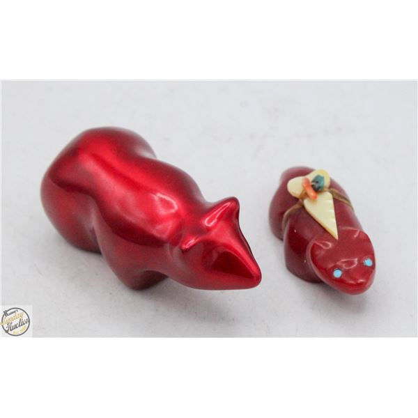 HAND CARVED RED ZUNI FOX & HOLSELTON SCULPTURE