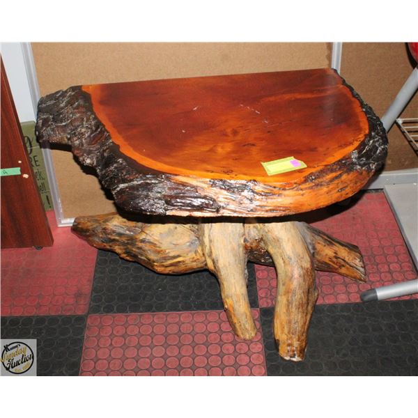 BURL WOOD HALF-SLAB HALLWAY TABLE+DRIFT WOOD BASE