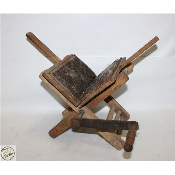 ANTIQUE WOOL CARDER WITH CRANK STAND