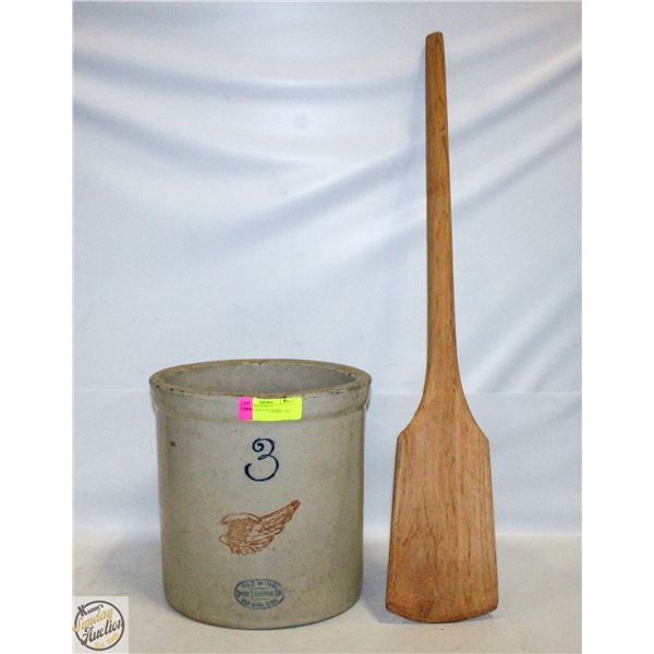 ANTIQUE RED WING #3 CROCK+WOOD STIR PADDLE