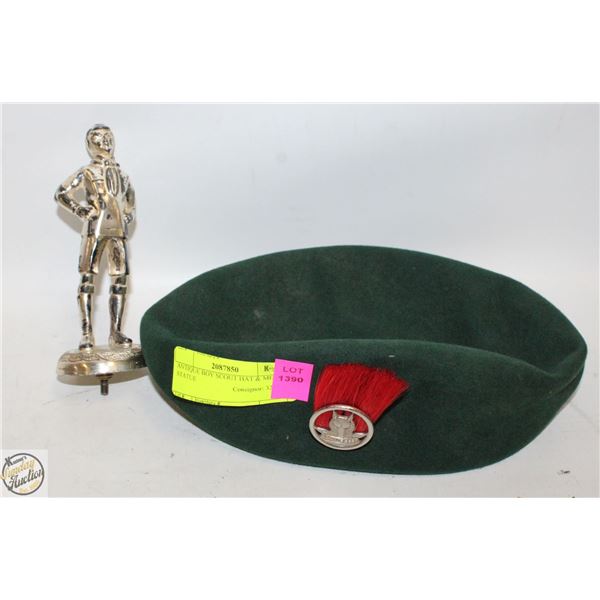 ANTIQUE BOY SCOUT HAT & METAL STATUE