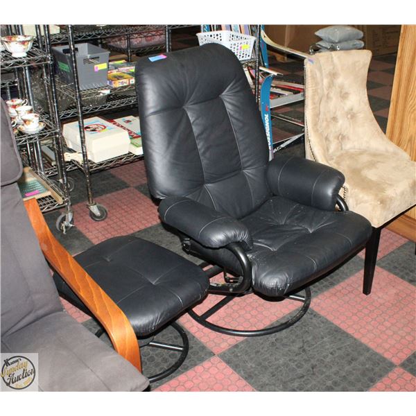 BLACK LEATHER CHAIR WITH STOOL