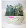 Image 1 : BASKET OF VINTAGE CLEAR AND BLUE JARS