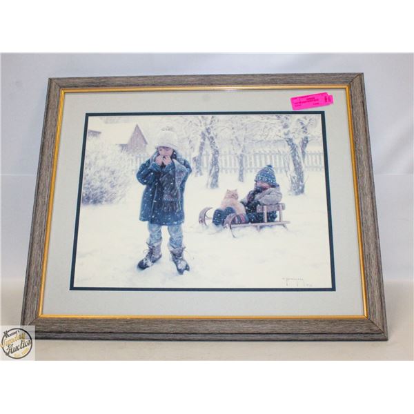 1991 FRAMED PRINT SNOW SLED SCENE