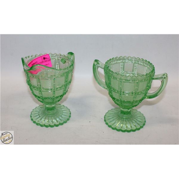 VINTAGE GREEN CUT GLASS CREAM & SUGAR SERVER