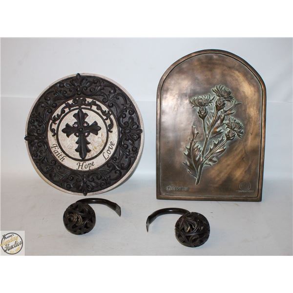 PAIR OF CARVED WALL HANGINGS + 2 MATCHING