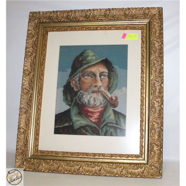 VINTAGE FOLK ART CROSS STITCH FRAMED 26.5" X 22.5"