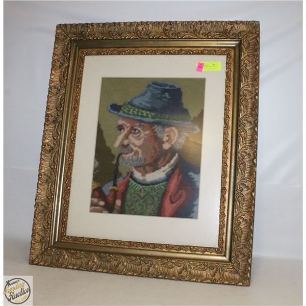 VINTAGE FOLK ART CROSS STITCH FRAMED 26.5" X 22.5"