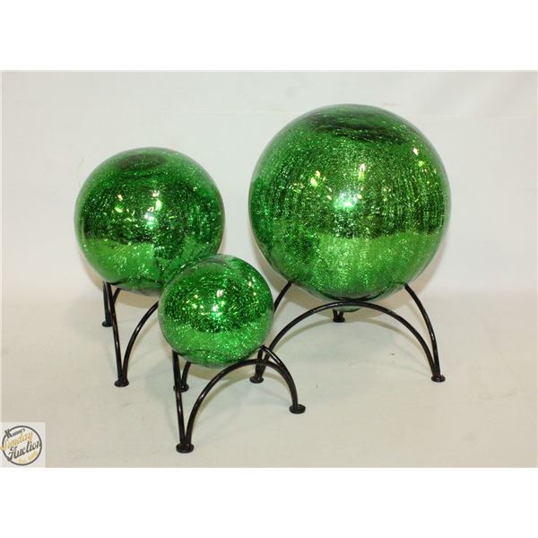 GREEN CRACKLE GLASS ORBS ON STANDS