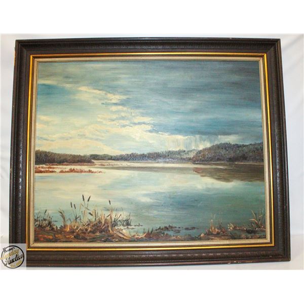 FRAMED OIL PAINTING OF LAKE SCENE 29"X35"