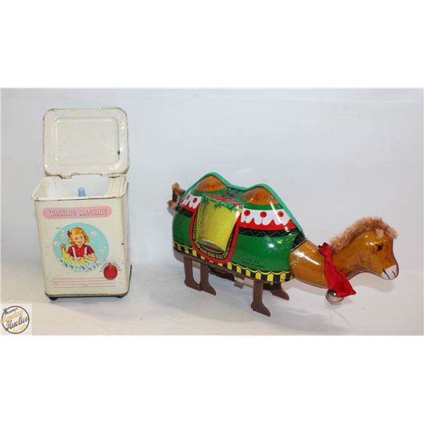 1950'S TOY TIN WASHING MACHINE & TIN CAMEL